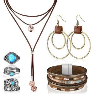 Bohemian Western Jewelry Turquoise Set Women Bohemian Pendant Long Choker Layere